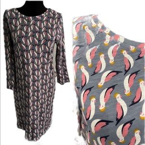 Boden shift dress Cotton pullover 3/4 sleeve bird theme gray/pink